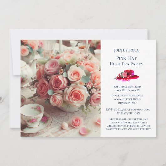 Elegant Pink Rose Hat Thema Tee Party Einladung (Vorderseite)