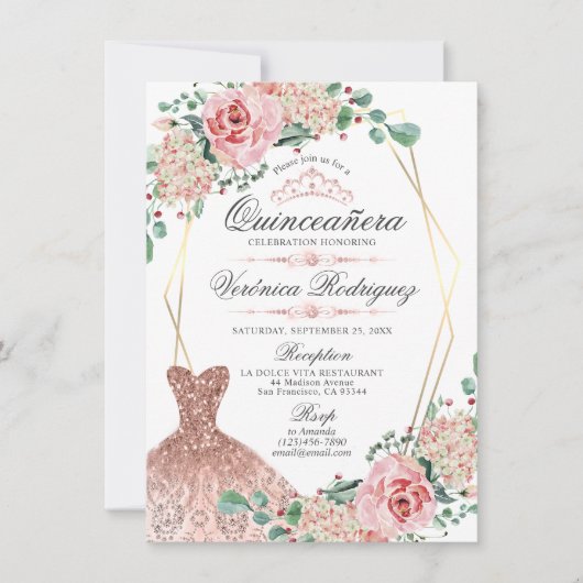 Elegant Pink Rose Quinceañera Quince Crown Tiara Einladung (Vorderseite)