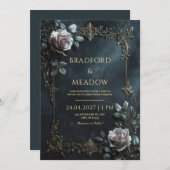 Elegant Pink Rose Silver Leaf Frame Wedding Einladung (Vorne/Hinten)