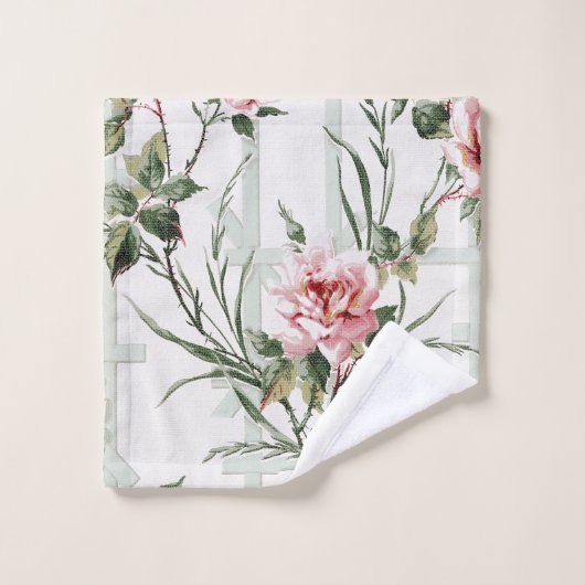 Elegant Pink Roses and Leaves on Trellis Badhandtuch Set (Waschlappen)