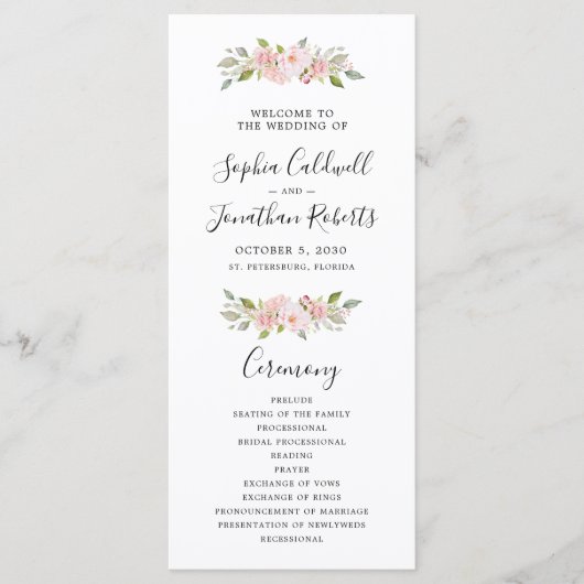 Elegant Pink Roses Calligraphy Wedding Programm (Vorderseite)