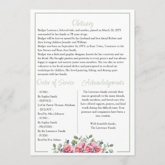 Elegant Pink Roses Celebrating Life Of - Funeral Programm (Rückseite)