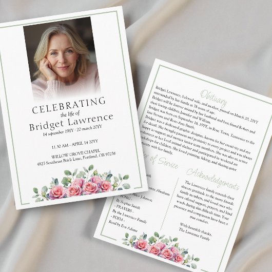 Elegant Pink Roses Celebrating Life Of - Funeral Programm