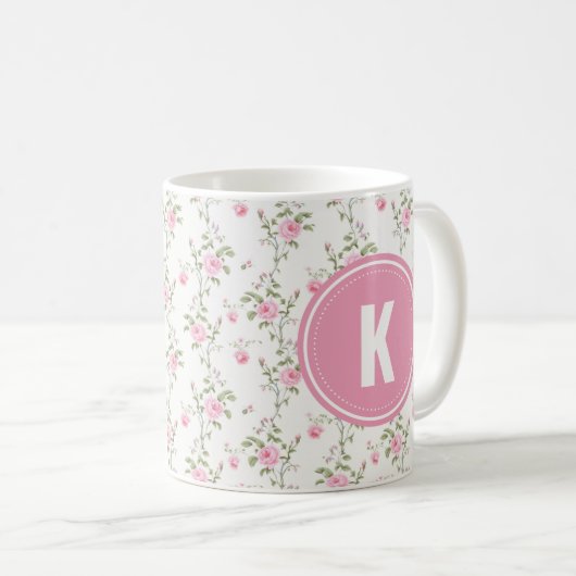 Elegant Pink Roses Flowers Pattern Monogram Kaffeetasse (VorderseiteRechts)