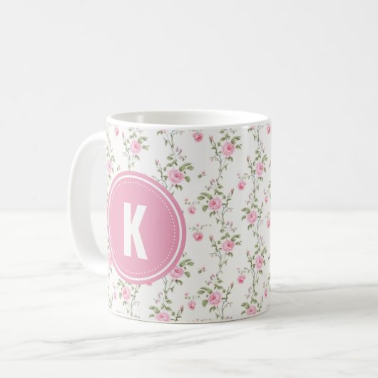 Elegant Pink Roses Flowers Pattern Monogram Kaffeetasse (Vorderseite Links)