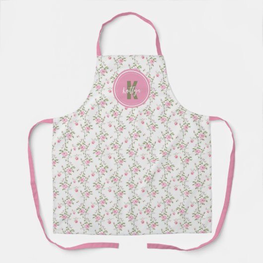 Elegant Pink Roses Flowers Pattern Monogram Schürze (Vorderseite)