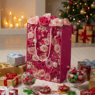 Elegant Pink Roses Gift Bag Mittlere Geschenktüte