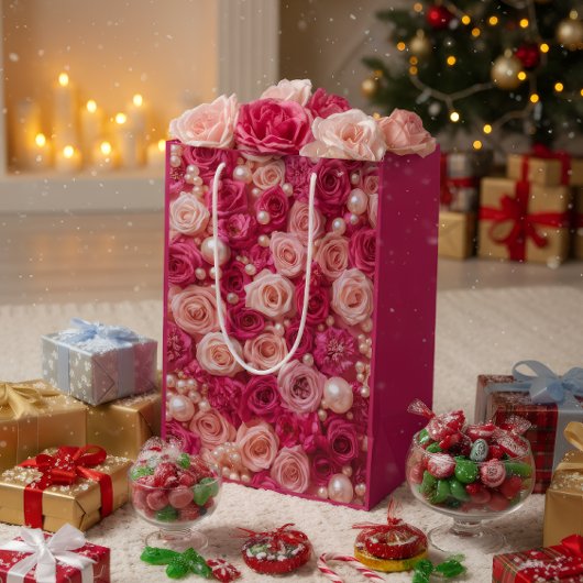 Elegant Pink Roses Gift Bag Mittlere Geschenktüte