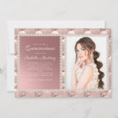 Elegant Pink Satin Pearls Jewels Foto Quinceañera Einladung (Vorderseite)