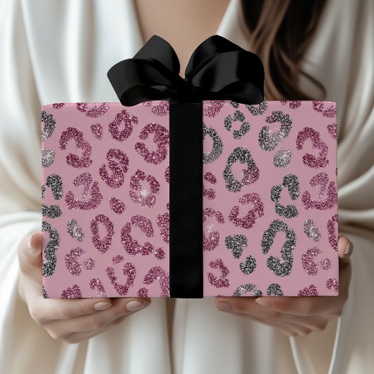 Elegant Pink Silver Glitter Leopard on Rose Gold Geschenkpapier