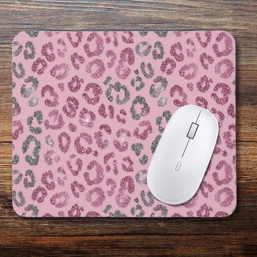 Elegant Pink Silver Glitter Leopard on Rose Gold Mousepad