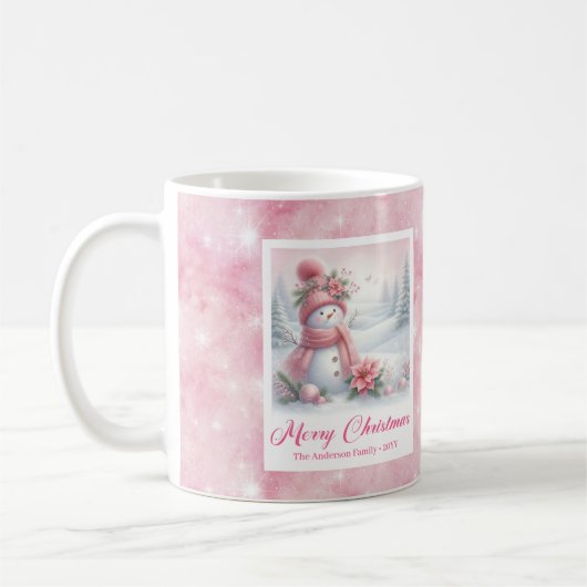 Elegant Pink Snowman Cozy Winter Forest Scene Xmas Kaffeetasse (Links)