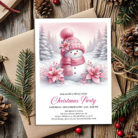 Elegant Pink Snowman Kids Christmas Invite Digital Einladung