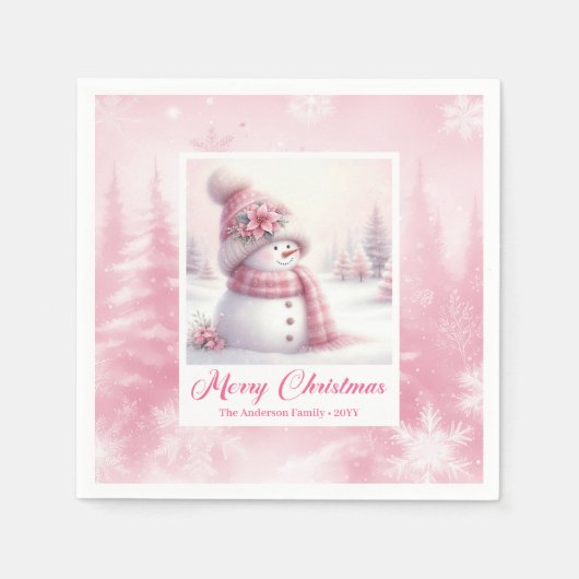 Elegant Pink Snowman Kids Winter Scene Party Xmas Serviette (Vorderseite)