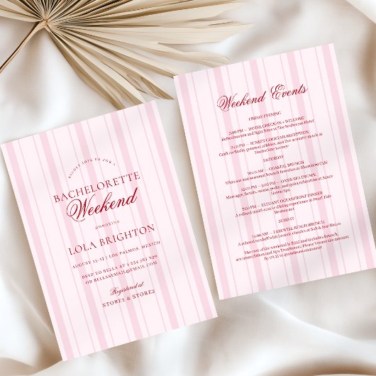 Elegant Pink Stripe Bachelorette Weekend Itinerary Einladung