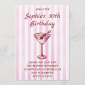 Elegant Pink Striped Martini 30th Birthday Einladung (Vorderseite)