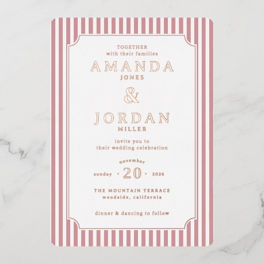 Elegant Pink Striped Wedding Invitation Folieneinladung (Vorderseite)