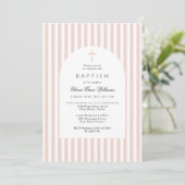 Elegant Pink Stripes Baptism Invitation for Girl Einladung (Stehend Vorderseite)