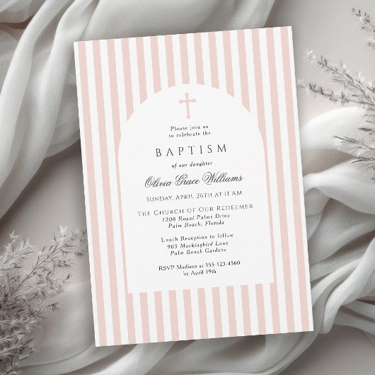 Elegant Pink Stripes Baptism Invitation for Girl Einladung
