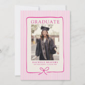 Elegant Pink Stripes Bow Frame Graduation Photo  Ankündigung (Vorderseite)