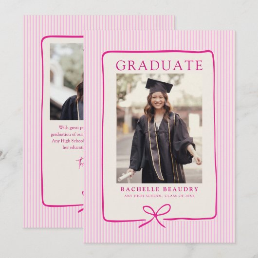 Elegant Pink Stripes Bow Frame Graduation Photo  Ankündigung (Vorne/Hinten)