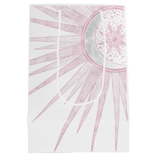 Elegant Pink Sun Moon Doodle Mandala White Design Mittlere Geschenktüte (Rückseite)