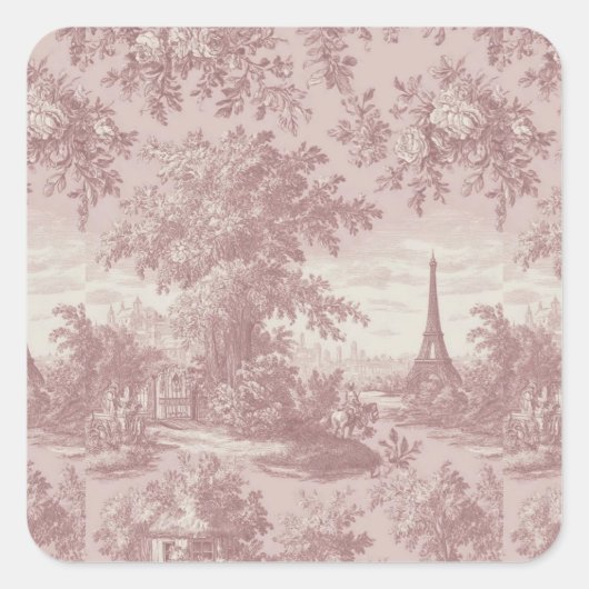 Elegant Pink Toile de Jouy Französisch Country Sze Quadratischer Aufkleber (Vorderseite)
