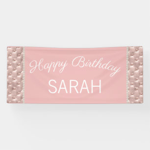 Elegant Pink Tufted Pearls Happy Birthday Banner