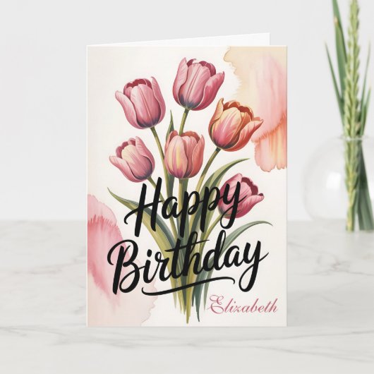 Elegant Pink Tulip Floral Birthday Karte (Vorderseite)