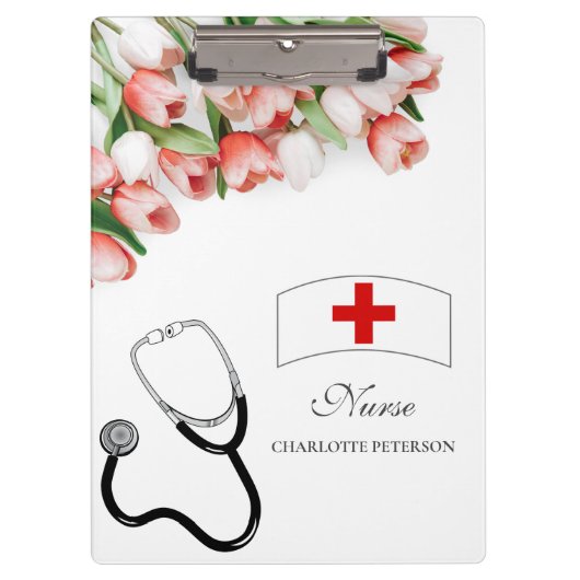 Elegant Pink Tulip Floral & Stethoscope Krankensch Klemmbrett (Vorderseite)