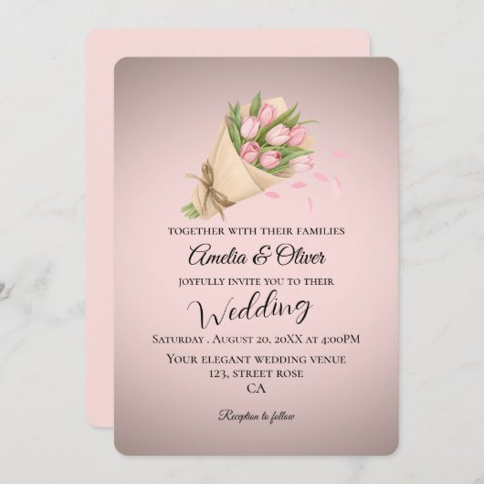 Elegant Pink Tulips Bouquet Wedding Einladung (Vorne/Hinten)