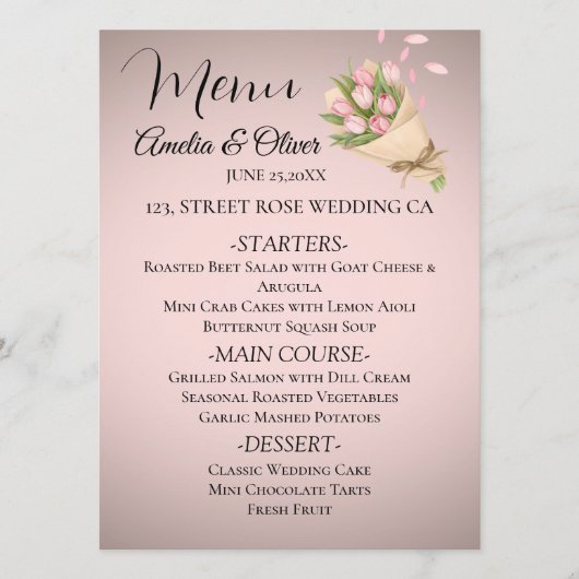Elegant Pink Tulips Bouquet Wedding Menükarte (Vorderseite)