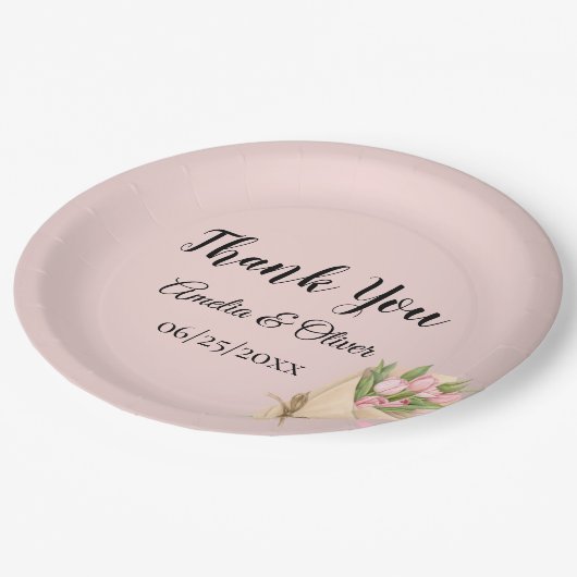 Elegant Pink Tulips Bouquet Wedding Pappteller (Schrägansicht)