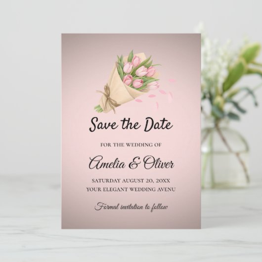 Elegant Pink Tulips Bouquet Wedding Save The Date (Stehend Vorderseite)