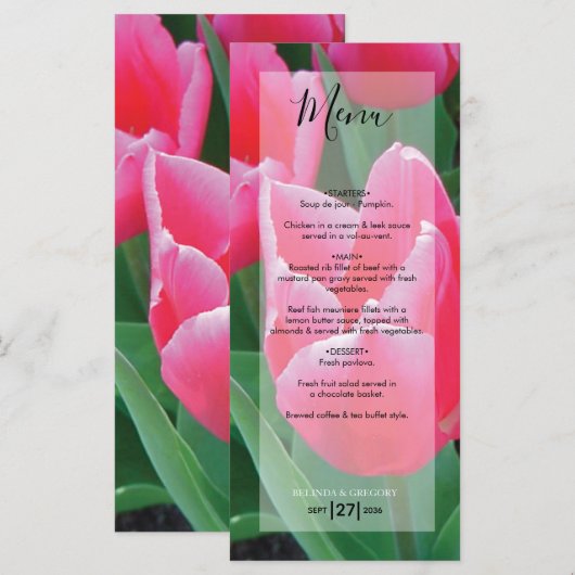 Elegant Pink Tulips Wedding Menükarte (Vorne/Hinten)