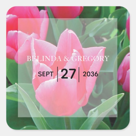 Elegant Pink Tulips Wedding Quadratischer Aufkleber (Vorderseite)
