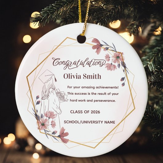 Elegant Pink Watercolor Floral Graduation Keramik Ornament
