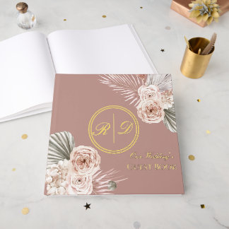 Elegant Pink Watercolor Floral Monogram Wedding Gästebuch