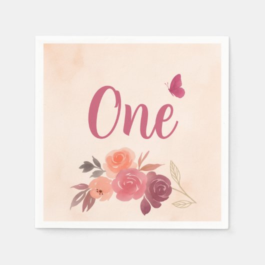 Elegant Pink Watercolor Floral One 1st Birthday  Serviette (Vorderseite)