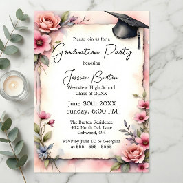Elegant Pink Watercolor Floral Roses Graduation Einladung