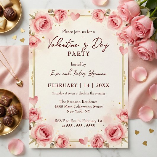 Elegant Pink Watercolor Valentine's Day Party Einladung