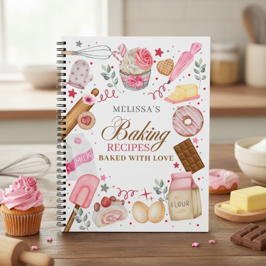 Elegant Pink White Baked With Love Baking  Notizblock