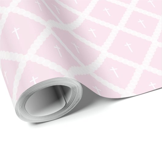 Elegant pink white cross pattern baptism geschenkpapier (Rolleneckpunkt)