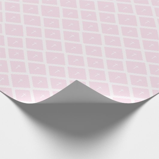 Elegant pink white cross pattern baptism geschenkpapier (Ecke)