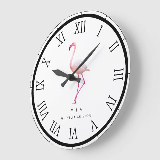 Elegant Pink White Flamingo | Monogramm Custom Große Wanduhr (Winkel)