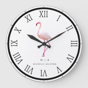 Elegant Pink White Flamingo   Monogramm Custom Große Wanduhr