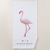 Elegant Pink White Flamingo | Monogramm Custom Strandtuch (Vorderseite)