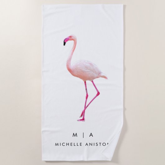 Elegant Pink White Flamingo | Monogramm Custom Strandtuch (Vorderseite)