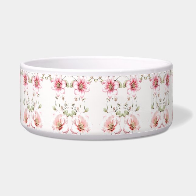 Elegant Pink White Floral Ceramic Pet Bowl Napf (Vorderseite)