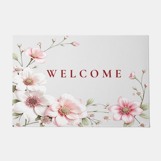Elegant Pink White Floral Doormat Fußmatte (Vorderseite)